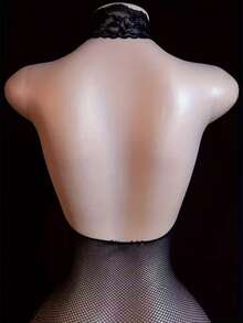 Sexy Black Mesh Jumpsuit, High Stretch Lace Contrast Collar, Hollow Out Chest And Slit Detail Design - Sleeveless, Women's Sexy Jumpsuit, Evening Dress, Date Dress, Sleeveless Jumpsuit, Breathable Fabric, Soft Texture, Women's Lingerie, Fashionable Jumpsuit, Fashion Enthusiast - Black - View 4