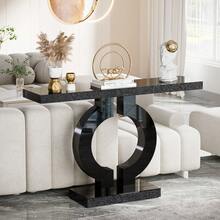 LITTLE TREE 43" Black Modern Mirrored Console Table, Rectangular Entryway Sofa Accent Table With O‑Shaped Glass Base For Hallway & Living Room - Black - View 7