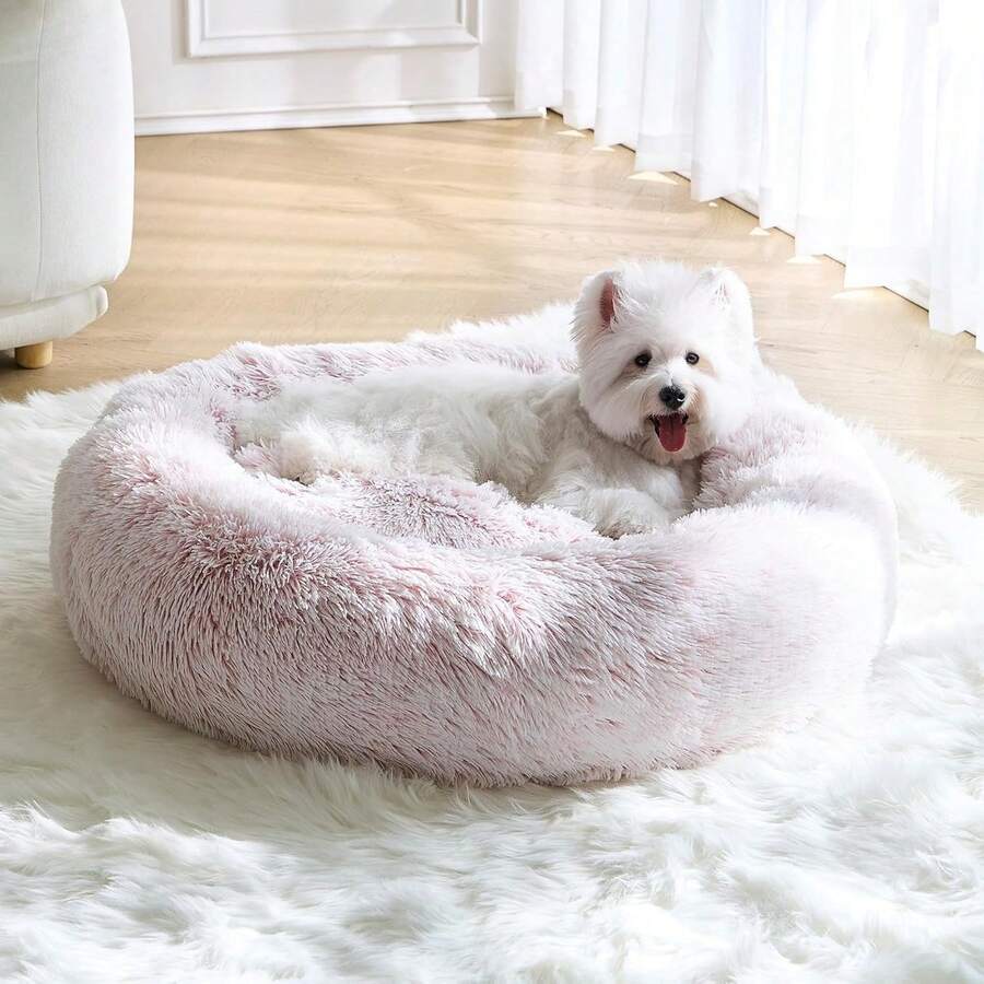 Calming Donut Fluffy Anti-Anxiety Round Washable Cute Plush Cozy Cuddler Warming Soft Comfort Pet Bed For Small To Medium Dogs And Cats, 20-Inch, Light Grey & White - Pink - View 1