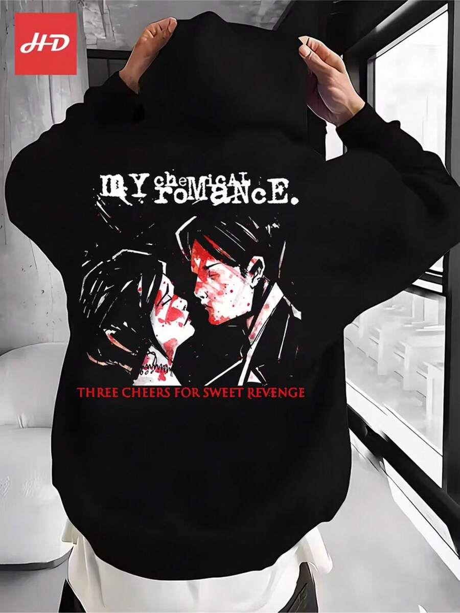 Cozy Fleece-Lined Men's Hoodie - 'My Romance: Three Cheers For Sweet Revenge' Print, Perfect Christmas Gift, Warm & Soft Winter Pullover With Pocket,Fall Hoodies,Men's Fall Clothes,Street Wear,Halloween,Mens Hoodies,Y2k Clothes,Jesus Hoodie,Thanksgiving Day,Nightmare Before Christmas,Christmas - Black - View 1