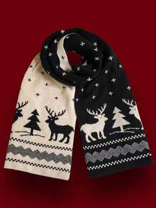 1pc New Christmas Reindeer Pattern Scarf For Women, Versatile Autumn/Winter Mid-Length Warm Cute Gift, Double-Sided High-Quality Thick Knitted Plaid Scarf - Multicolor - View 6