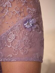 新款Ampoket V领长袖刺绣蕾丝开衩晚礼服，适合舞会、婚礼、派对、婚礼宾客等场合，也可作为晚礼服（非定位款），适合情人节春季穿着。 - 藕粉色 - 查看 7