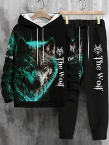 Men's The Wolf Letter Print Hoodie And Sweatpants 2 Pieces Set, Casual Fashion For Autumn/Winter
