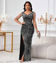 Cololura Women Elegant Sequin Tassel Bodycon Formal Party Gowns Evening Maxi Dress - 黑銀色 - 查看 6
