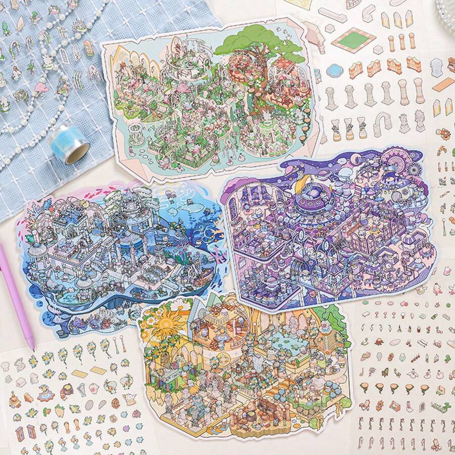 3 Sheets Miniature Zoo Animal Stickers + 1 Sheet Scenery Cardboard, Suitable For Scrapbooking, Planner, Diary Decoration School Supplies - Multicolor - View 1