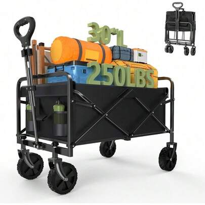 INBRAVE Collapsible Foldable Wagon Cart With All-Terrain Wheels, Heavy Duty Utility Cart For Camping, Beach, RV, Picnic & Outdoor Use – Black