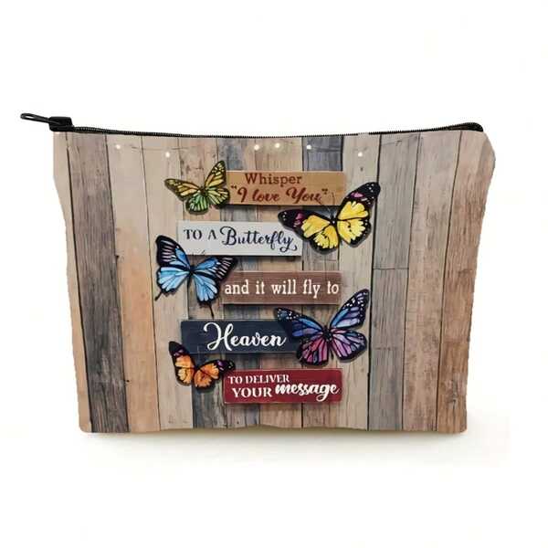 Kosmetyczka w stylu drewnianej szeptni "Kocham Cię" motylowi, urocza torba podróżna, lekki organizer na kosmetyki, uniwersalny portfel na monety