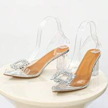 Fashionable Women's Pointed Toe Block Heel Sandals - Transparent Ankle Strap, Rhinestone Buckle, Faux Overlay Fabric And Rubber Sole, Perfect For Summer Parties And Events, High Heel Sandals - 銀色 - 查看 5