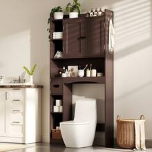Asofer 66'' Large Capacity Over The Toilet Storage Cabinet, Bathroom Storage Organizer With Tissue Holder And Racks, Adjustable Shelf, Anti-Tipping Device, For Bathroom,Laundry - 棕色 - 查看 11
