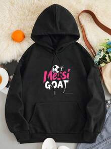 1pc Graphic Oversized Hoodies For Women, Long Sleeve Pocket Pullover, Sweatshirts, Messi Goat Soccer Ball Design Print Fall Fashion 2025 Pullover, Letter Print Winter Clothes, Suitable For Parties, Outdoor Activities, And Leisure, Gift For Women, Size S-3XL - 黑色 - 查看 1