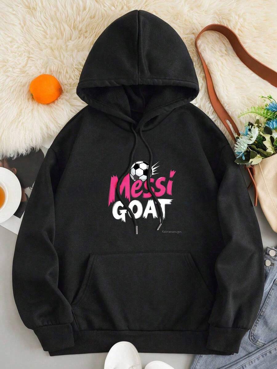 1pc Graphic Oversized Hoodies For Women, Long Sleeve Pocket Pullover, Sweatshirts, Messi Goat Soccer Ball Design Print Fall Fashion 2025 Pullover, Letter Print Winter Clothes, Suitable For Parties, Outdoor Activities, And Leisure, Gift For Women, Size S-3XL - 黑色 - 查看 1