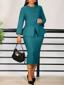 Bộ đồ thời trang thanh lịch 2 món dành cho nữ, gồm áo kiểu màu xanh ngọc trơn và chân váy bút chì với dây thắt eo và thiết kế cài ghim, thoải mái và đa năng cho Giáng sinh, Lễ Tạ ơn, Năm mới, đám cưới, công sở, mặc hàng ngày, mùa xuân/thu/đông, Ngày Thánh Patrick. - Màu xanh ngọc - Xem 3