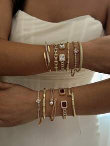 14K Gold Plated Rhinestone Embellished Minimalist Luxury Bamboo Knot Bracelet Set - Gold - View 5