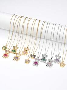 1pc Fashionable Elegant Cute Copper Inlaid Zirconia Bear Pendant Necklace, Jewelry For Women, Suitable For Daily Wear And Party/Holiday Style, Valentine's Day Couple Gift
