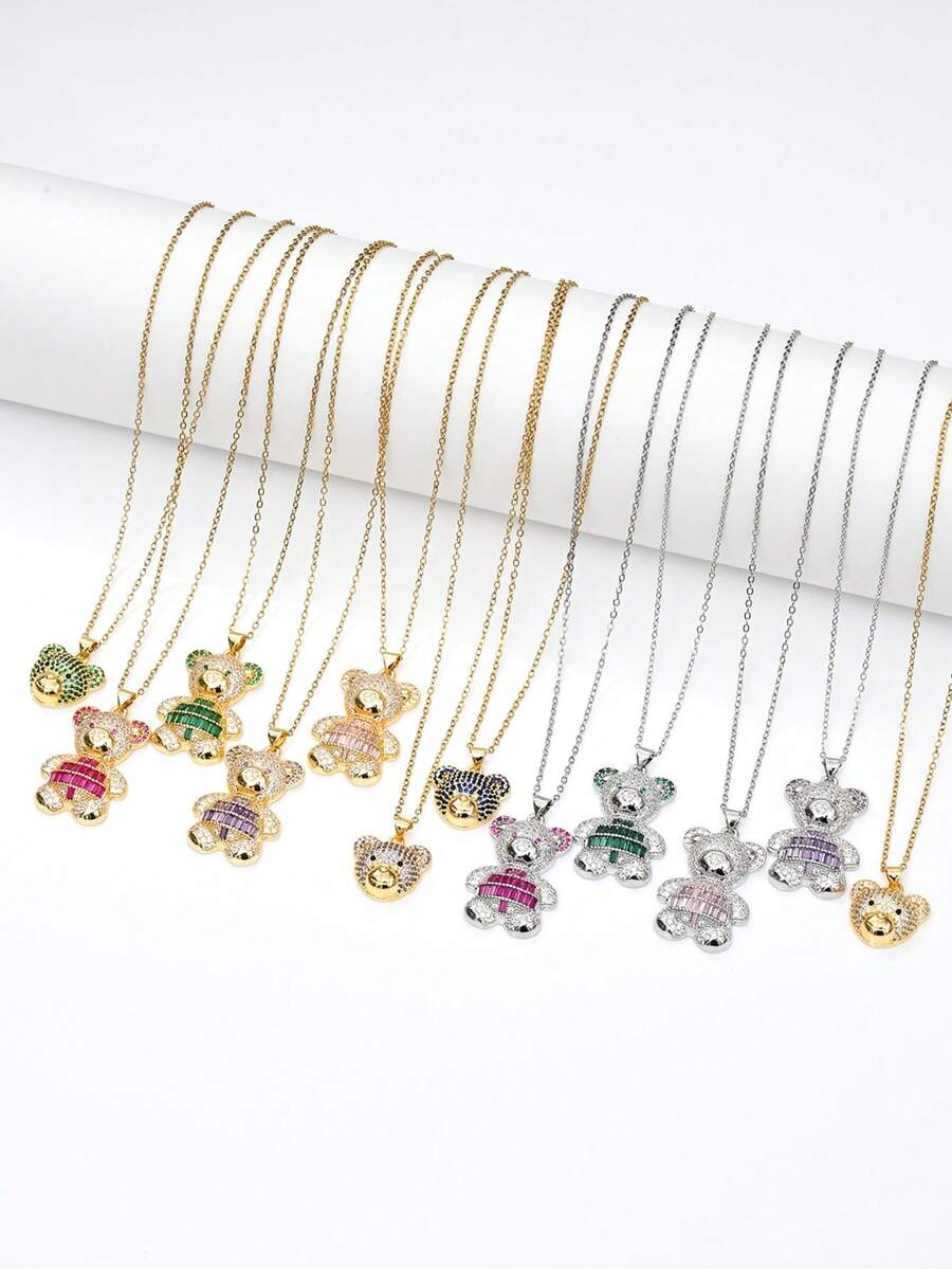 1pc Fashionable Elegant Cute Copper Inlaid Zirconia Bear Pendant Necklace, Jewelry For Women, Suitable For Daily Wear And Party/Holiday Style, Valentine's Day Couple Gift