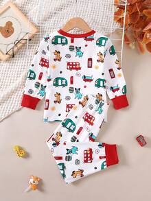 Conjunto de 2 piezas de top de cuello redondo con gráfico de coche y animal y pantalones casuales para niños pequeños, conjunto de ropa casual suave y cómoda adecuado para uso diario de niños, excelente como regalo diario, fiesta de Navidad, regalo de Año Nuevo