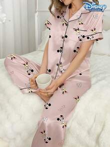 Disney 2pcs Minnie Mouse Cartoon Print Comfortable Jersey Casual Button-Front Top And Elastic Waist Pants Pajama Set For Women, Soft And Breathable Silk-Like Fabric, Suitable For All Seasons Loungewear