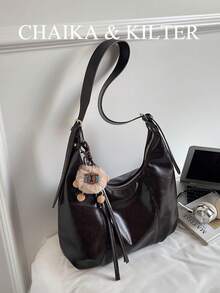 1 pièce Sac à épaule en forme de croissant en cuir PU de couleur unie pour femmes, mode vintage, avec poignée supérieure, fermeture éclair, bandoulière réglable, convient pour un usage quotidien et extérieur (avec pendentif)