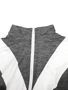 撞色拼接运动套装，女士休闲收腰长袖上衣+高腰紧身裤 春季 - 深灰色 - 查看 3