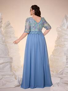 Plus Anpoket，新款V领撞色刺绣中袖雪纺晚礼服，适合舞会、婚礼、派对、婚礼宾客、晚宴、情人节等场合。 - 藍色 - 查看 2