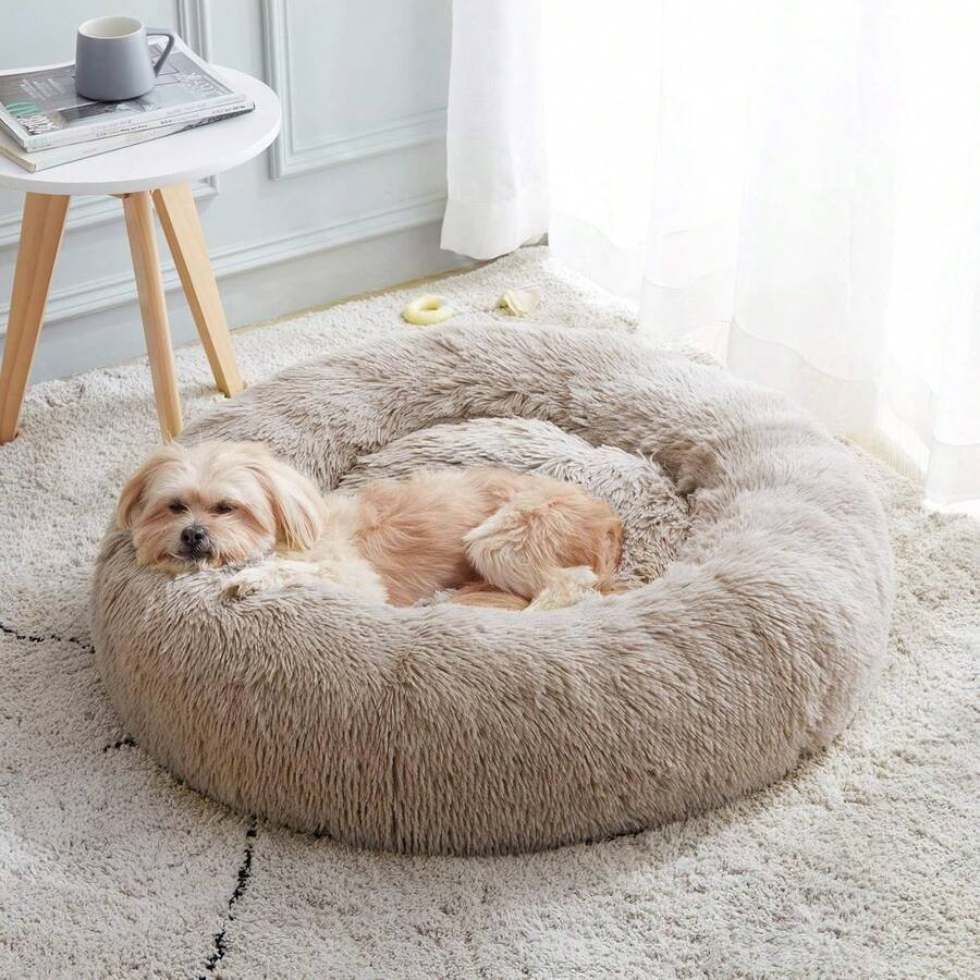 Calming Soft Round Dog & Cat Bed, Anti-Anxiety Donut Cuddler Warming Cozy Fluffy Faux Fur Plush Cushion Bed For Small Medium Pets (20"/24"/27"/30"), Light Grey - 棕色 - 查看 1