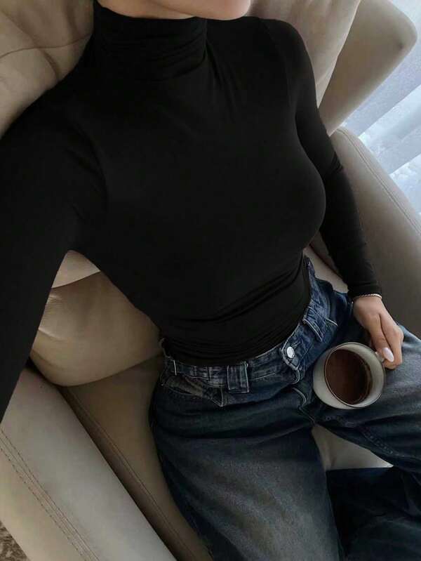 Plus Size Basic Minimalist Vintage Casual Elegant Turtleneck Reversible Knit Long Sleeve Undershirt Top For Women, Autumn