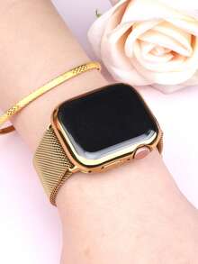 Compatible With Apple Watch Band And Case: Stylish, Soft, Breathable, And Adjustable. Features A Circular Braided Stainless Steel Magnetic Band And A Drop-Resistant, Scratch-Resistant Soft TPU Case. Compatible With Apple Watch Series Ultra/11/10/9/8/7/6/5/4/SE, As Well As 40/41/42/44/45/46/49mm Bands And Cases. Milanese-Style Band And 360-Degree Case For All-Around Protection. - Gold Strap + TPU Case - View 9