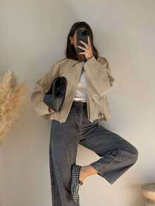 Urban Casual Solid Color Front Zipper Pocket Jacket, Relaxed Long Sleeve Bomber Jacket, Suitable For Spring And Autumn