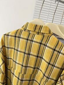Plaid Front Button-Up Casual Long Sleeve Loose Shirt, Suitable For Autumn Spring - Yellow - View 4