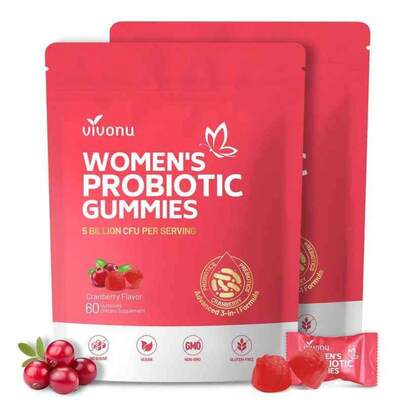 Vivonu Women's Probiotic Gummies Cranberry Flavor 5 Billion CFU Vegan 60 Gummies For Body Odor Health Balance Dietary Supplement Fitness Vitamin Healthcare Edible
