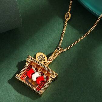 1 st. trendigt vintage emaljhalsband med öppen spis, handmålad nyckelring i julstrumpa, lämplig present till kvinnor som vardagskläder