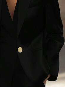 Women's Elegant Solid Color Satin Lapel Single-Breasted Cinched Waist Office Blazer, Spring/Autumn - Black - View 7