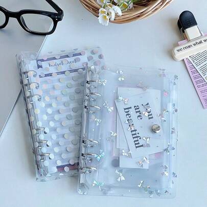 A6サイズ ドット柄リボンバインダーノート、ソフトカバープランナー、透明リーフ式ノートカバー、予算管理、ステッカーブック、写真収納、オフィス用品
