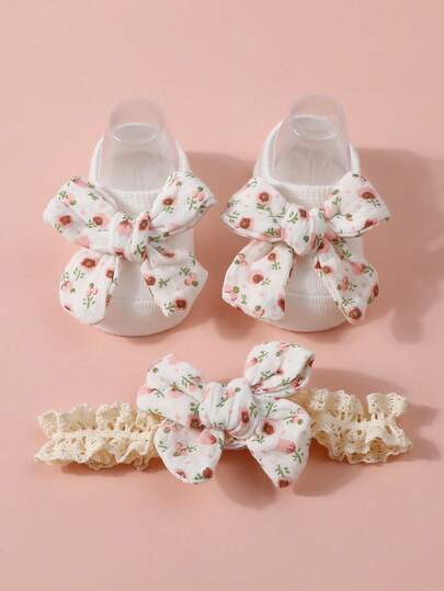 0-1岁婴儿发带袜子套装，女宝宝蝴蝶结发带1个+防滑地板袜1双