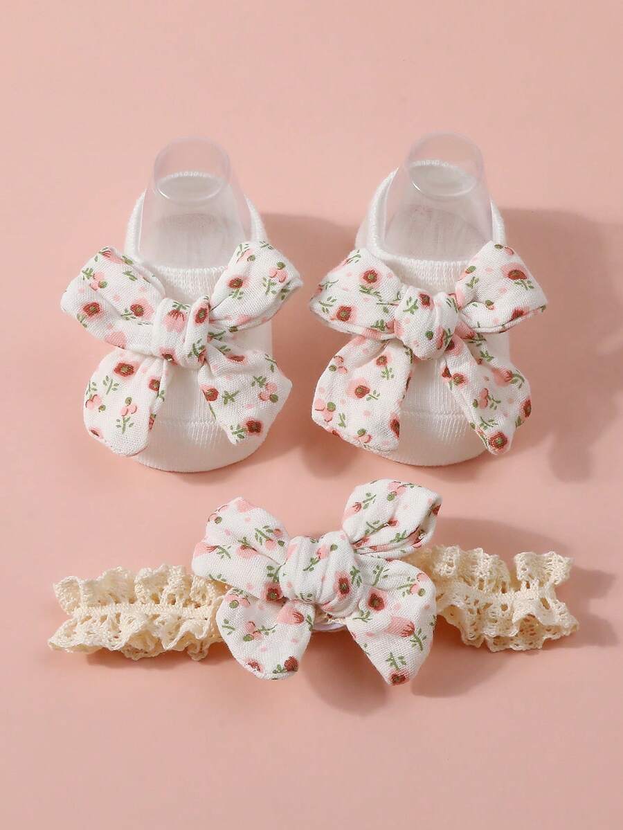 0-1岁婴儿发带袜子套装，女宝宝蝴蝶结发带1个+防滑地板袜1双 - 彩色 - 查看 1