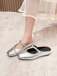 Women's Rhinestone Embellished T-Strap Flat Shoes, Versatile & Commuter-Friendly With Hidden Wedge Heel - Silver - View 3