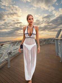 Women's Casual Bohemian Summer Beach Vacation Sexy Hollow Out See-Through Backless Sleeveless Cover Up Maxi Dress