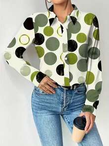 Camisa de mujer de manga larga con cuello, estampado de lunares, cierre con botones delanteros, bajo de longitud regular, tela tejida sin estiramiento