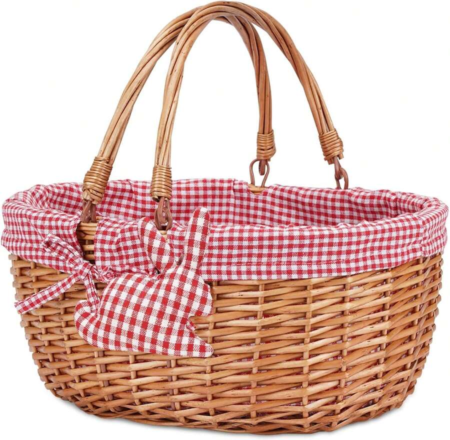Wicker Picnic Basket With Double Folding Handles,Willow Picnic Hamper,Natural Hand Woven Easter Basket,Easter Eggs And Candy Basket,Bath Toy And Toy Storage,Gift Packing Basket.Red,24515600 - 紅色 - 查看 1