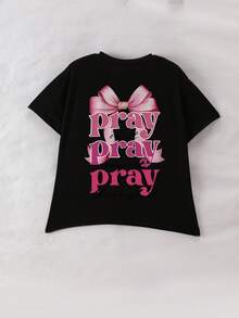 女童蝴蝶结标语印花圆领T恤，夏季休闲柔软上衣 - 黑色 - 查看 6