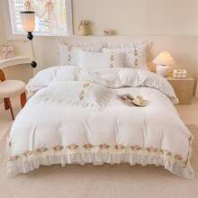 Chic Flowers Lace Bedding Set,3 Piece French Princess Style Comforter Duvet Cover Set(1 Queen Duvet Cover 90x90 Inch, 2 Pillowcases) Aesthetic Bedding For Romantic French Wedding,24328432 - Pure White - 查看 5