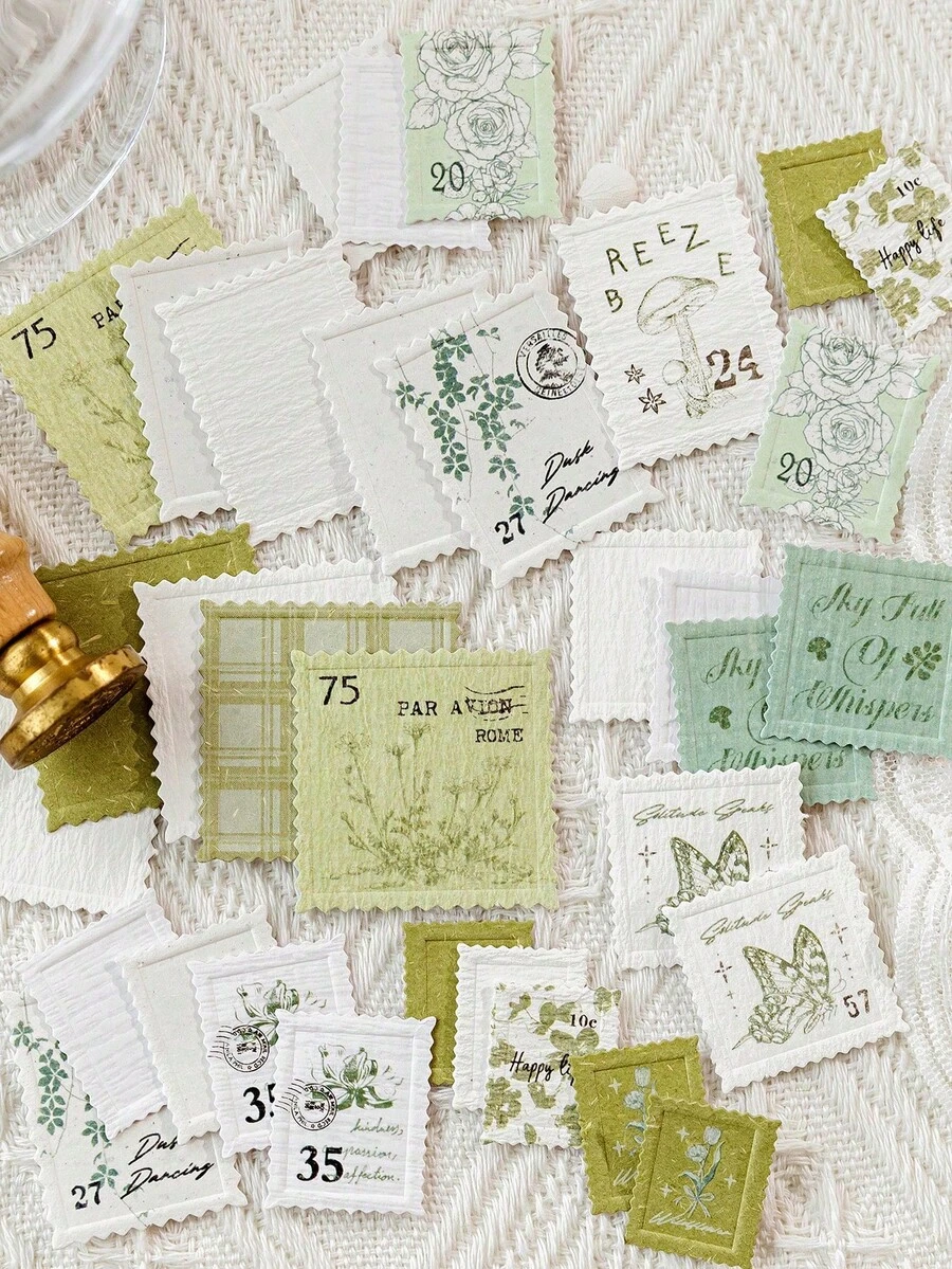 MOCARD 20 件/包压花复古美学邮票贴纸，创意 DIY 装饰剪贴簿材料，节日礼物，个性化剪贴簿学校用品 - 綠色 - 查看 1