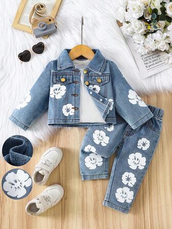 2pcs Baby Girls Denim Outfit, Floral Print Lapel Cardigan Jacket, Casual Denim Print Pants, Thickened Outdoor Fashion Denim, Autumn/Winter