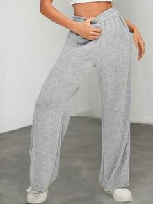 European American Minimalist Style Women's Comfortable Pocket High Waist Elastic Fashion Wide Leg Pants - Grey - View 3