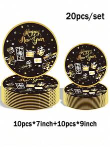 New Year's Eve Themed Party Plate Set, Including 20 Person Sets/10 Person Sets, 7-Inch+9-Inch+Themed Paper Cups+Napkins, Party Exclusive! Suitable For Outdoor Picnics, Daily Gatherings, Restaurant Decorations, Kitchens, Birthday Parties, Bridal Showers - Multicolor - View 12