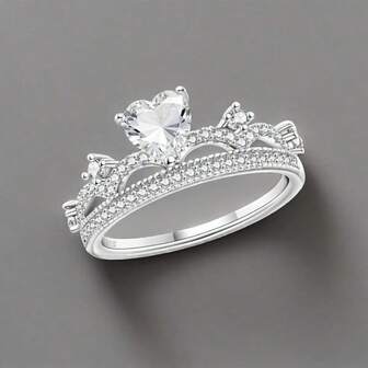 1 件 S925 纯银女士皇冠心形锆石单环镶嵌闪亮方晶锆石可堆叠方晶锆石金戒指 | 精致锆石风格女士婚礼珠宝