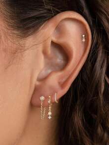 8pcs Simple Geometric Faux Pearl & Rhinestone Copper Chain Earrings, Suitable For Women's Vacation, Date, Gift, Daily Wear - Yellow Gold - View 7