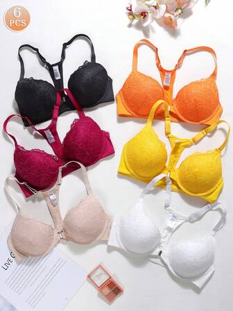 6PCS Set Of Women's Full Coverage Lace Front Clasp Bras With Underwire - Strong Anti-Sagging Push-Up Bust Enhancer, Non-Removable Padding And Underwire Support, Vibrant Colors (Black/Apricot/White/Red/Orange/Yellow), Suitable For Tummy Control, Date, Party, Casual Wear - Elegant