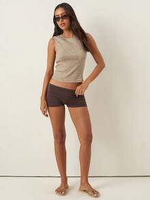 Women's Chic Solid Black Short Elastic Waist Slim Fit Skinny Micro Shorts Daily Lounge Outing - Màu Khaki - Xem 2