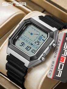 SANDA. Reloj electrónico SANDA 6307 nuevo y creativo con esfera cuadrada simulada, resistente al agua, luminoso y multifunción con cronómetro - Plateado - Ver 7